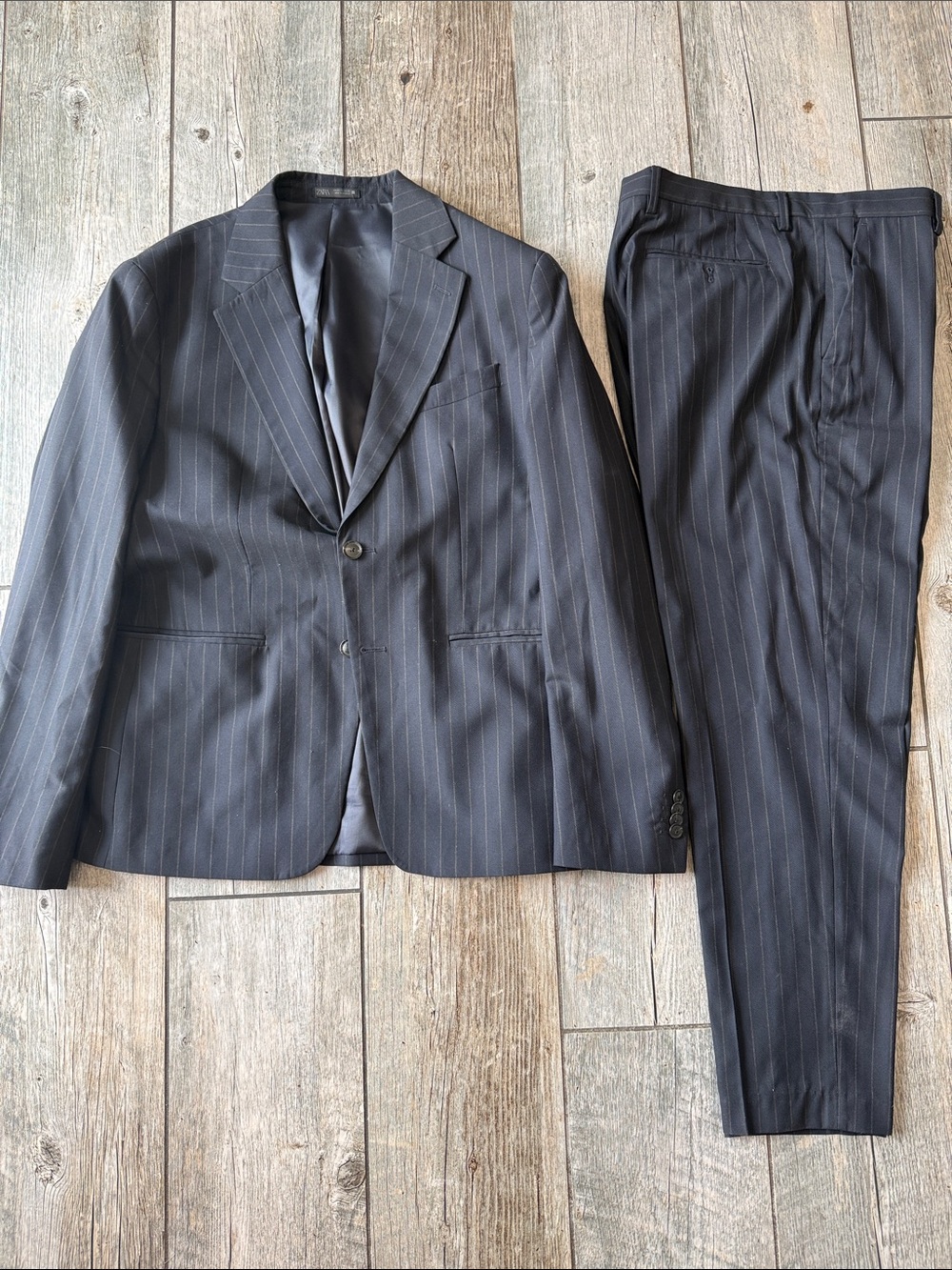 Zara Men's Dark Navy Pinstripe Suit Jacket & Trousers